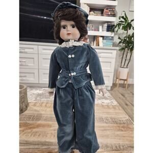 Vintage Victorian Porcelain Doll 23 Inches Tall Dressed In Boy Velvet Outfit